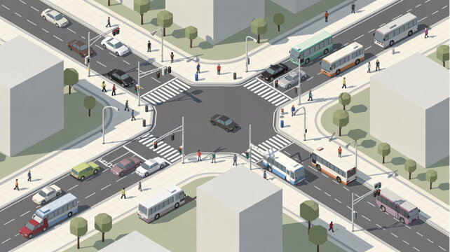 Traffic circle with vehicles and pedestrians.