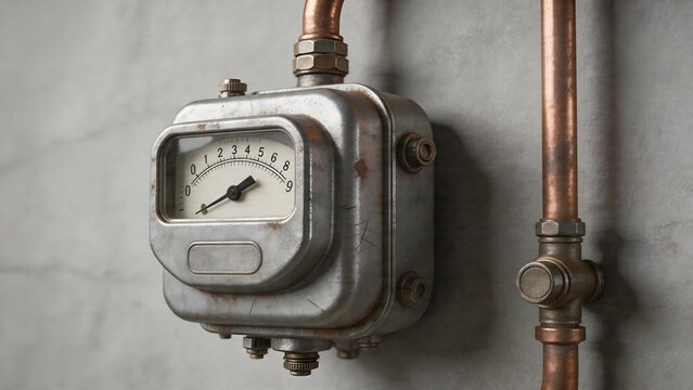 Rusty industrial gas meter on wall