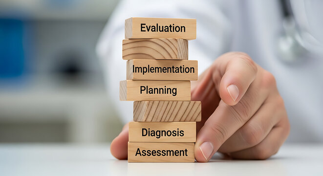 Doctor stacking wooden blocks labeled evaluation implementation planning diagnosis assessment