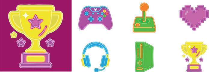 Video Gaming Icons Set with Trophy Controller Console and Pixel Heart © Isnatun
