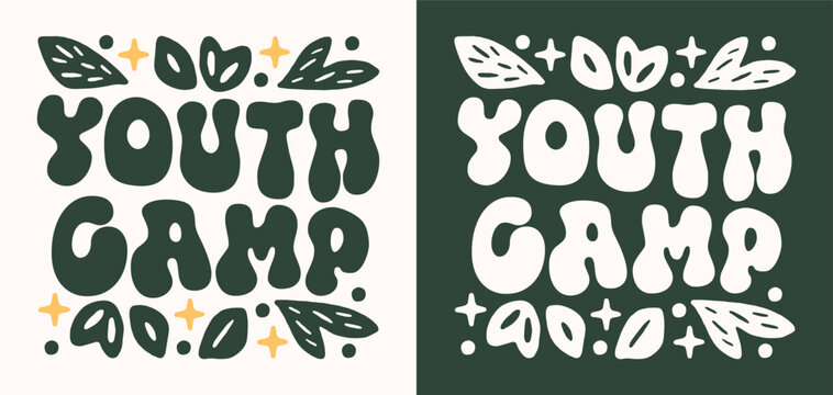 Youth camp logo eco friendly kids camping group environment nature education theme sign sticker print. Green retro vintage plants aesthetic text lettering for children girls trip camper shirt design.