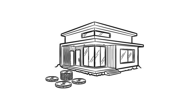 Small modern house with coins outside.