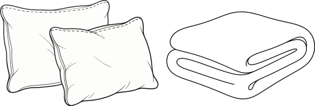 Minimalist black and white line art illustration of a folded soft blanket and two comfortable pillows for home interior design, bedding accessories, and relaxation concepts.