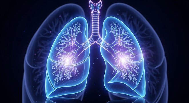 Human Lungs with Glowing Bronchioles and Alveoli Representing Respiratory System.