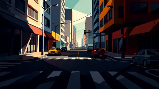 City Street with Cars and Buildings.
