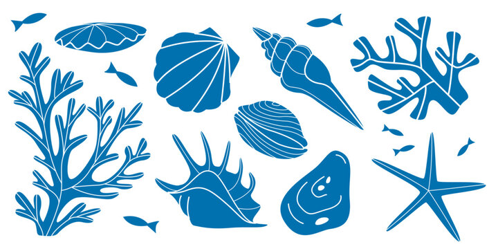 Set of blue seashells and coral branches. Marine elements isolated on white background. Decorative oceanic vector stencil collection.