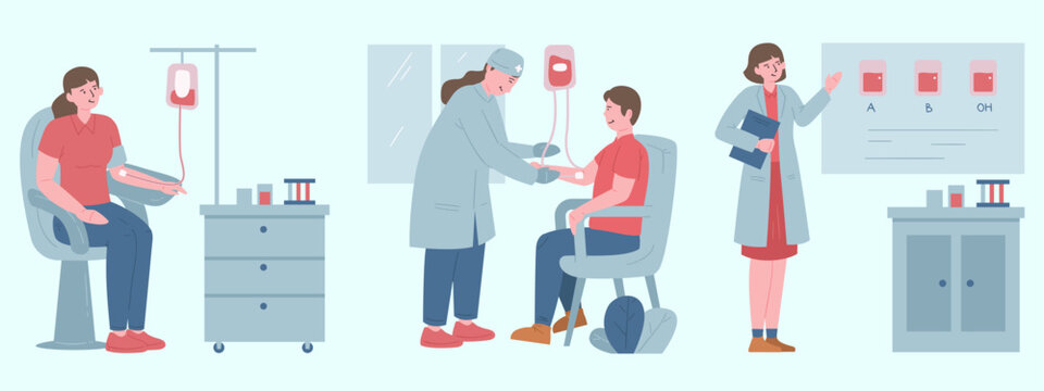 Blood donation vector illustration set, medical clinic scene with donors and nurses, healthcare professionals collecting blood bags in hospital