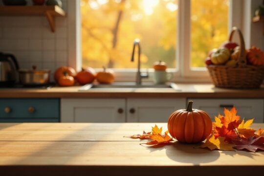 Autumnal Kitchen Table Setting with Small Pumpkin and Fall Leaves in Warm Sunlight