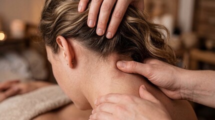 Fototapeta premium Massage therapist massaging neck of woman in spa. Professional bodywork for stress relief and muscle relaxation. Health care service and physical therapy for wellness and rejuvenation.