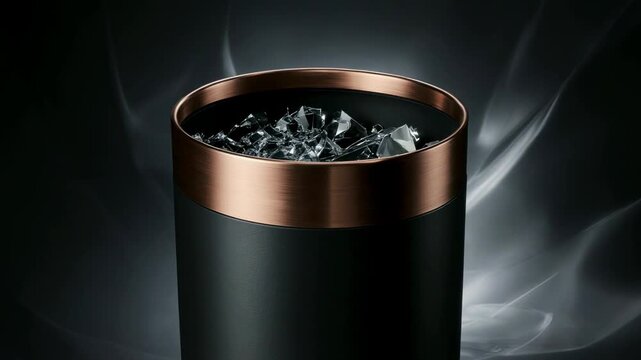 Sleek black container with copper rim filled with ice. Wispy white smoke swirling around jagged glass pieces against a dark background