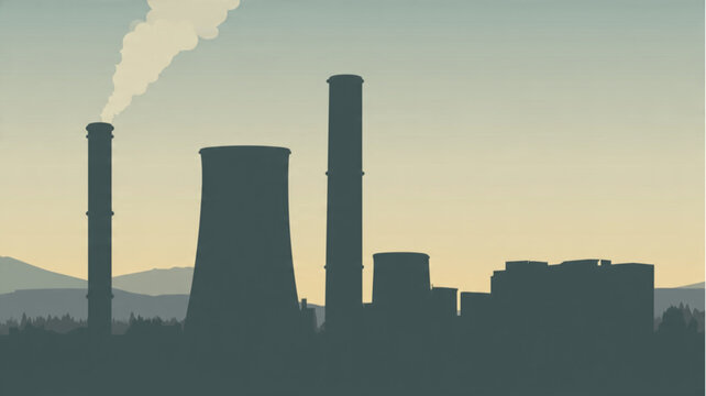Industrial factory with smoke stacks.