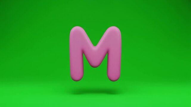 3D Magenta Cartoon Letter M Animation Rhythmic Double Bounce on Green Screen Background Playful Inflatable Alphabet Character for Kids Education