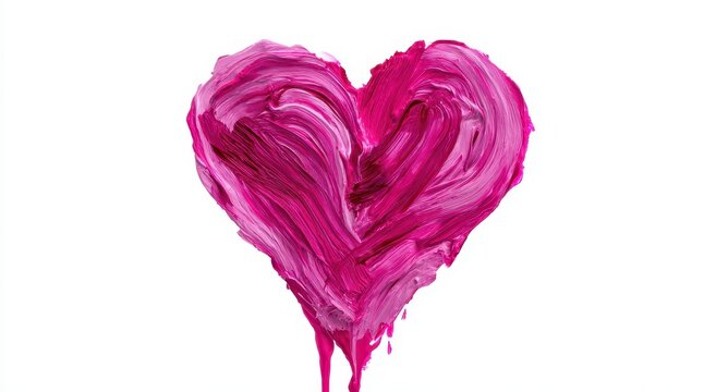 Hand painted heart shape made with thick magenta and pink oil paint strokes isolated on a clean white background representing love and artistic creative expression