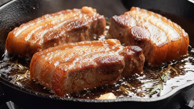 Juicy Pork Belly Sizzling in a Cast Iron Skillet with Herbs.