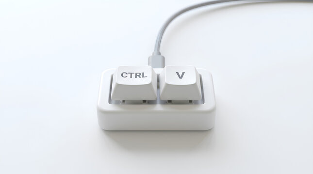 Close up shot of a 'CTRL' and 'V' key with a wire attached 