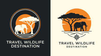 African safari emblem with elephant and acacia tree against a sunset travel wildlife destination logo © najmulhusan120