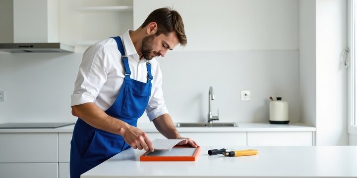 A diligent craftsman meticulously installs kitchen backsplash tiles, demonstrating precision and expertise in home renovation