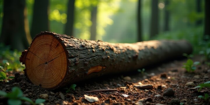 Sunlit Forest Path with Fallen Log, Showing the Texture of Wood and Earth