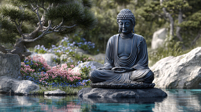 buddha statue in the garden with water behind it. 