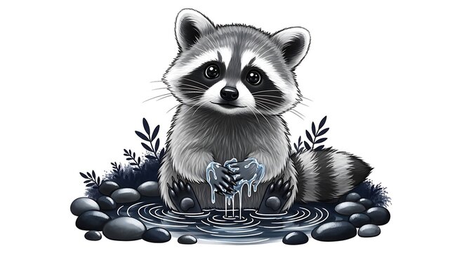 Cute Baby Raccoon Washing Hands in Water Pond Cartoon Illustration with Adorable Forest Animal Character on White Background