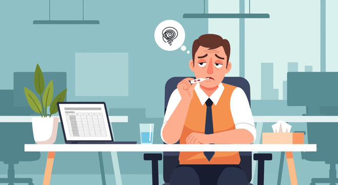 A Weary Office Worker Taking Temperature Reading in a Modern Office Environment