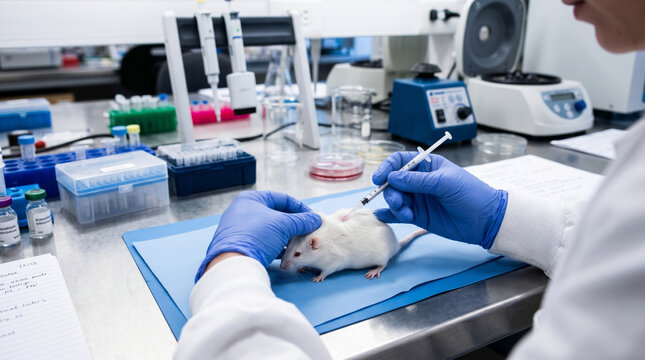 Close-up of scientist performing laboratory testing on a white mouse in a modern research facility