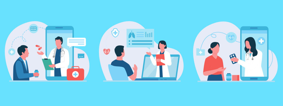 Telemedicine online medical consultation vector set, flat digital healthcare services on smartphone and laptop, virtual doctor appointment with patients