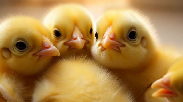 Yellow Hatchlings Gather Peacefully Together. Young Chicks Clustered In Soft Light On Spring Morning