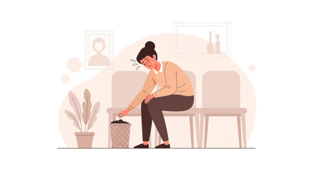 Fototapeta premium A Weary Woman Reflects on Loss and Struggles with Grief in a Waiting Room