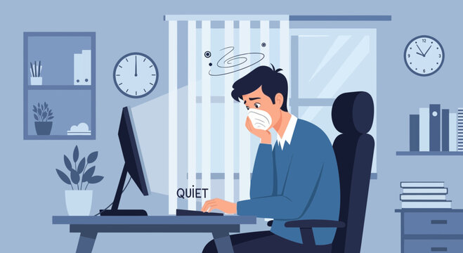 A Struggling Worker Wears a Mask at His Desk During a Chaotic and Stressed Day