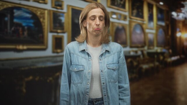 Woman with pouting lips and exposed face standing before framed paintings in an ornate gallery building, denim jacket visible; disappointment reflection.