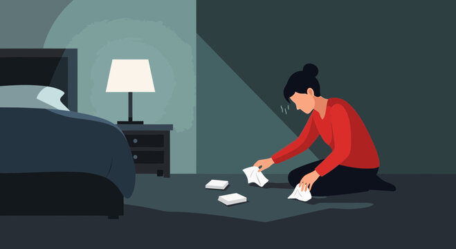 A Woman In Distress Amidst Tears And Grief Alone In Her Bedroom, Feeling Sorrowful