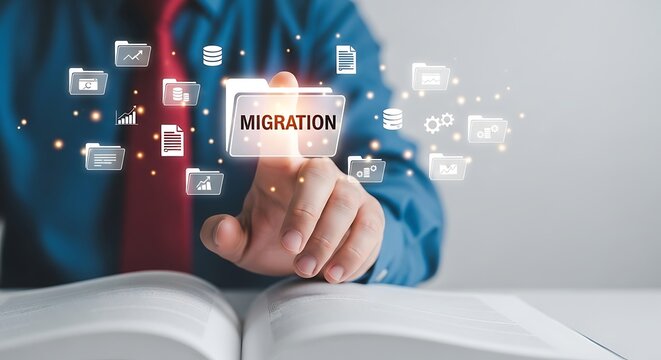 Businessman's finger interacting with a digital interface featuring a folder labeled "MIGRATION" and abstract icons for data, charts, and documents floating in a network.
