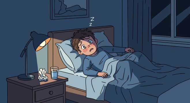 A Young Boy Battling Insomnia Lying Awake In The Darkness Of His Bedroom