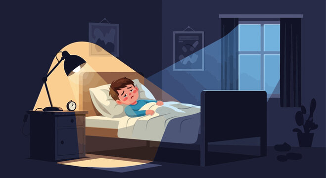 A Young Boy Battling Insomnia Lying Awake In The Darkness Of His Bedroom