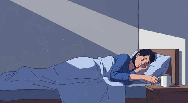 A Weary Individual Lying Awake in Bed Reflecting with a Cup Near on A Nightstand