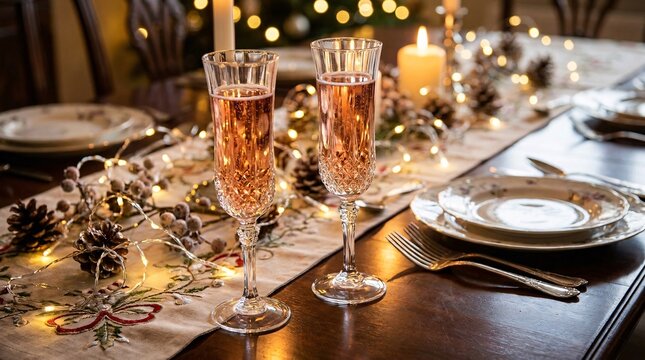 Sparkling crystal flutes of pink champagne rest on a festive dining table amid glittering silver fairy lights and elegant holiday tableware.