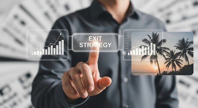 Businessman's finger touching screen displaying 'EXIT STRATEGY' between financial growth charts and a tropical beach vacation.