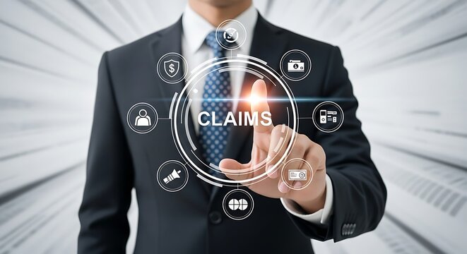 Businessman's hand touching a futuristic digital interface displaying the word "CLAIMS" surrounded by insurance and business icons, representing claim management and digital solutions.