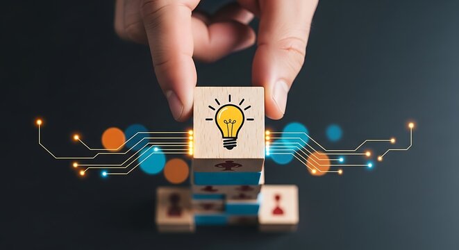 Hand places wooden cube with illuminated lightbulb icon on stacked blocks representing idea generation and innovation fueled by digital technology.