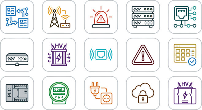 Colorful Industrial Electrical and Network Infrastructure Outline Icon Set Vector Collection with PLC Server Antenna HV Transformer Meter Warning and Cloud Security Symbols