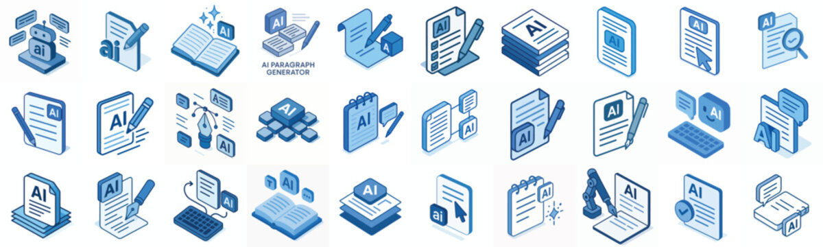 isometric vector icon AI writing assistant blue color dominant