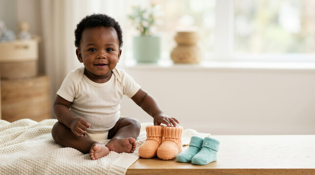 Smiling Black baby sitting beside knitted booties. African American infant in white onesie with peach and blue baby socks. Nursery room background