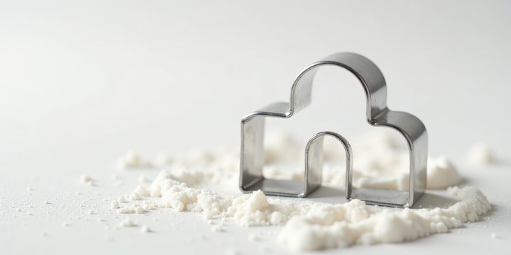 A simple metal cookie cutter rests gently on a mound of white flour, ready for baking