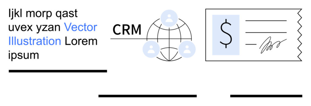 CRM systems, payment processing, global network, teamwork, finance operations, billing solutions. Globe with people icons and invoice design elements. CRM systems and payment processing concept