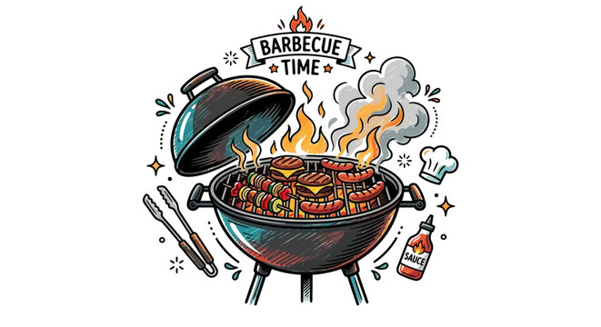 Barbecue grill with cooking food colorful hand drawn illustration