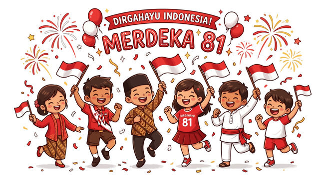 Cartoon children in traditional and modern red-white outfits celebrate Indonesia Merdeka 81 with flags, confetti, and fireworks on a white background, conveying a joyful atmosphere.