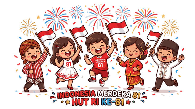 Cartoon children in traditional and modern red-white outfits celebrate Indonesia Merdeka 81 with Indonesian flags, confetti, and fireworks on a white background, conveying a joyful