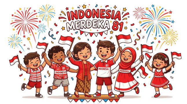 Cartoon children in traditional and modern red-white outfits celebrate Indonesia Merdeka 81 with flags, confetti, and fireworks on a white background, conveying a joyful atmosphere.