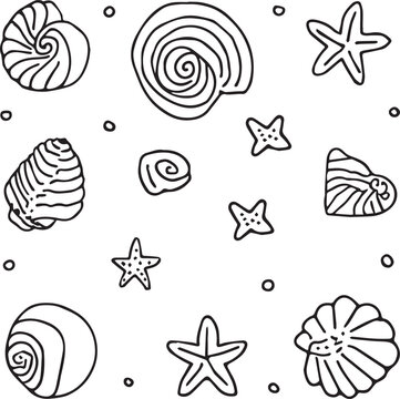Playful ocean-themed doodle pattern featuring seashells, starfish, and underwater elements. Perfect for summer backgrounds, marine prints, and kids&rsquo; designs.